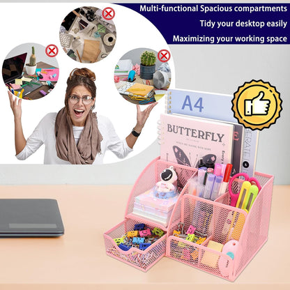 Mesh Desk Organizer Desktop Office Supplies Stationary Organizer with 6 Compartments and 1 Drawer Multi-Functional Caddy Pen Holder for Home Office School Desk Decor(Pink)
