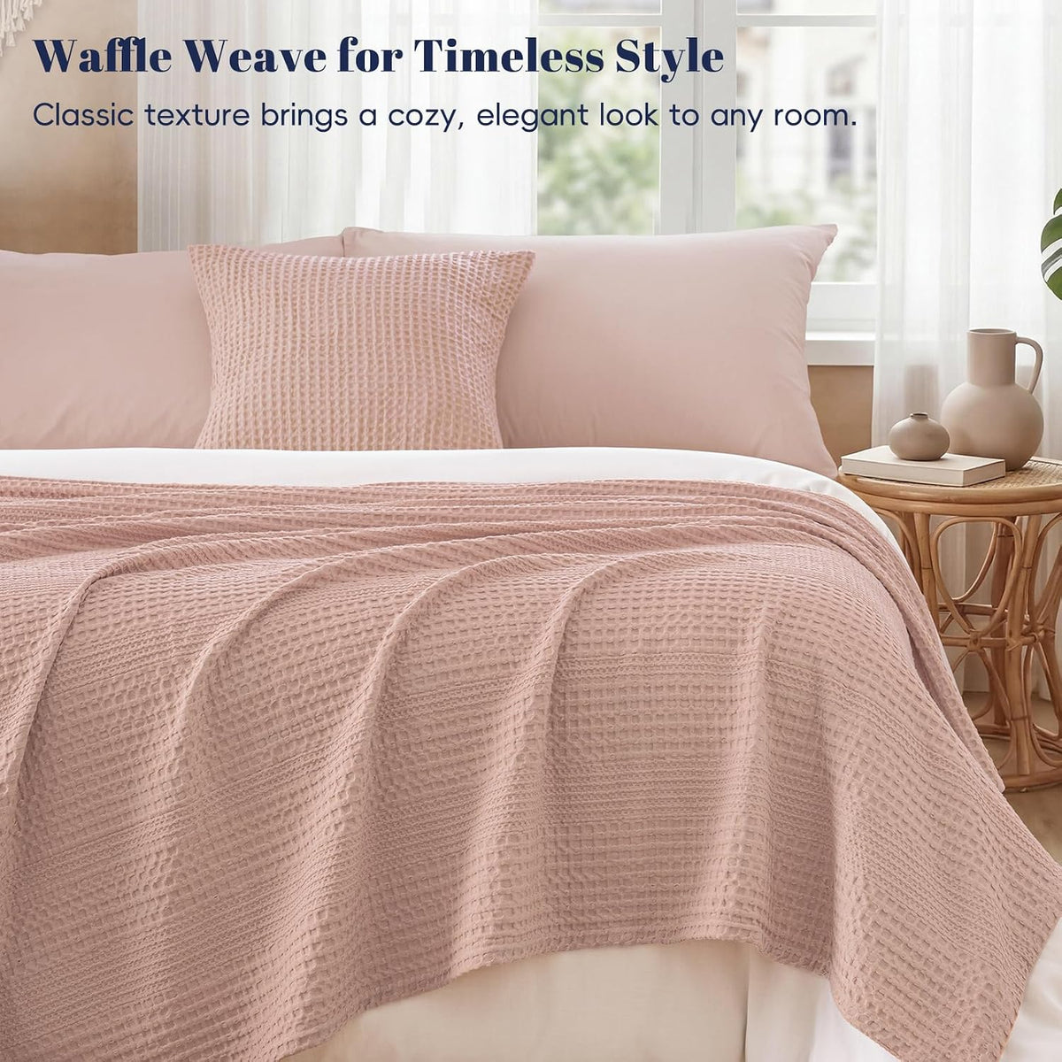 Lightweight Waffle Weave Blanket Queen for Bed Rose Pink 90"x90"