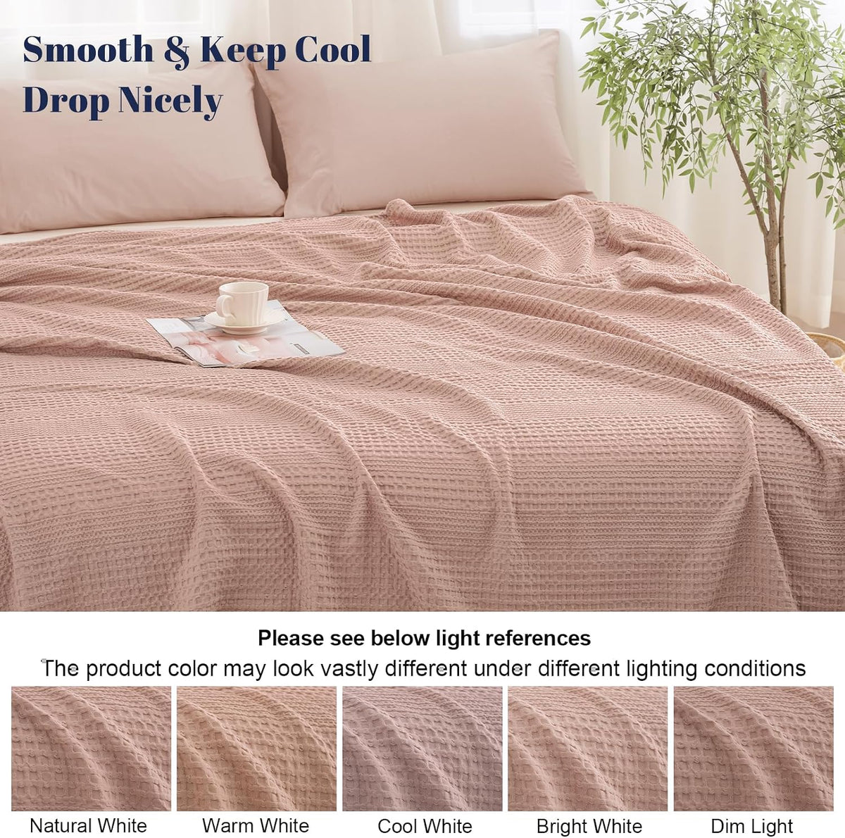 Lightweight Waffle Weave Blanket Queen for Bed Rose Pink 90"x90"