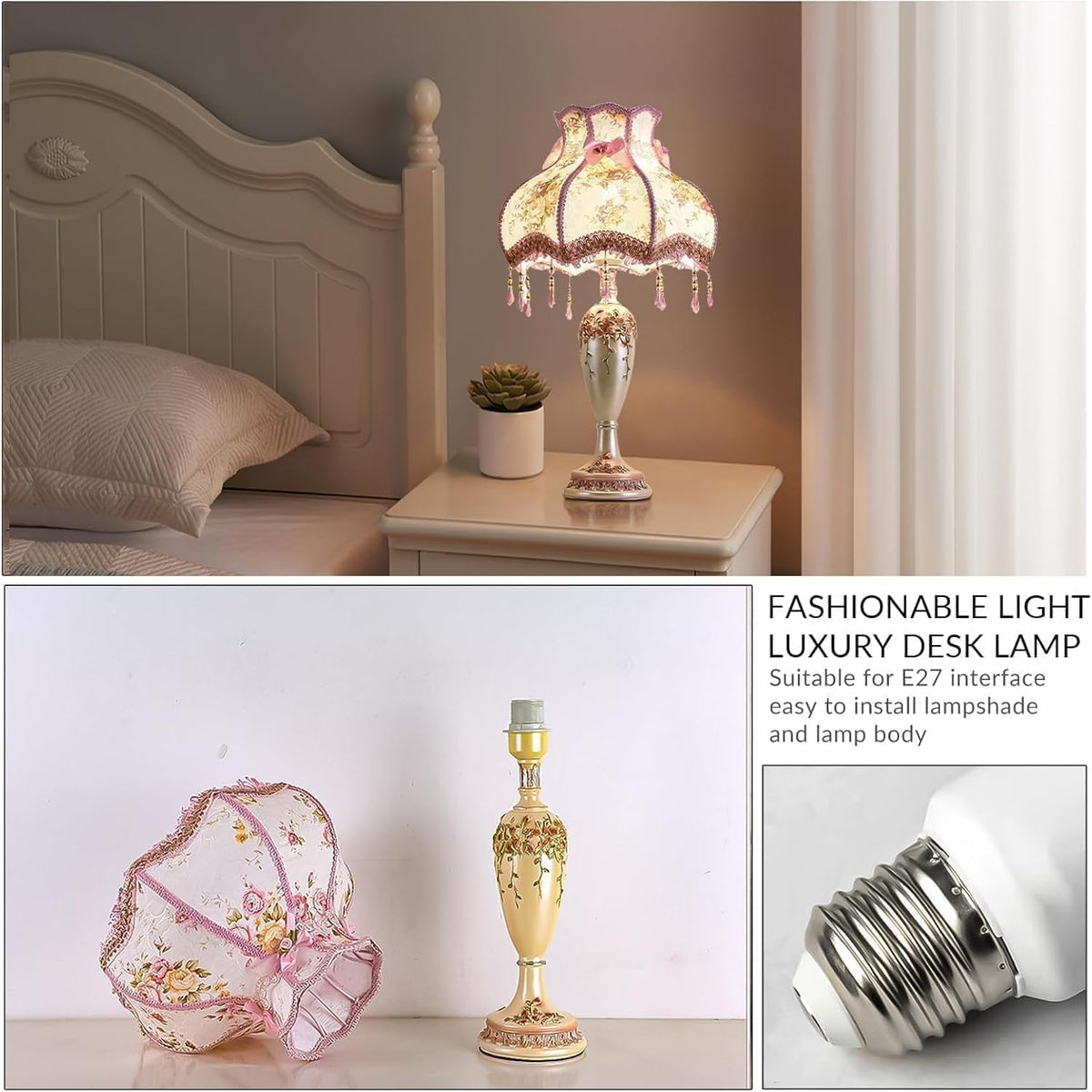 Victorian Table Lamp Girl Pink Princess Bedroom Handmade Lampshade Resin Flower Bedside