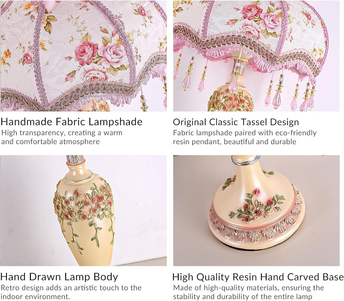 Victorian Table Lamp Girl Pink Princess Bedroom Handmade Lampshade Resin Flower Bedside