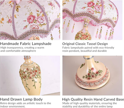 Victorian Table Lamp Girl Pink Princess Bedroom Handmade Lampshade Resin Flower Bedside