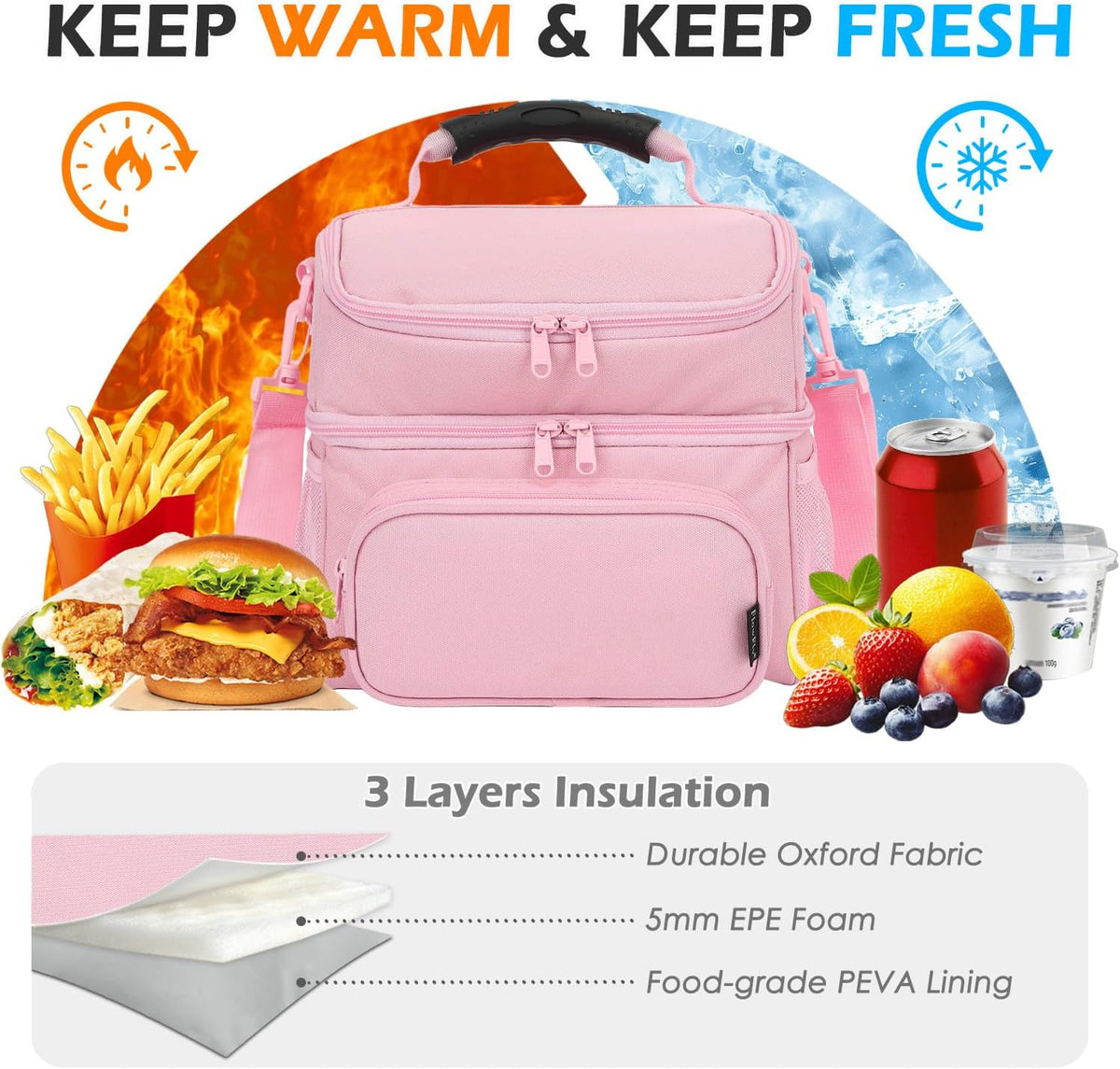 Double Layer Cooler Insulated Lunch Bag Adult Lunch Box Large Tote Bag for Men, Women, With Adjustable Strap,Front Pocket and Dual Large Mesh Side Pockets