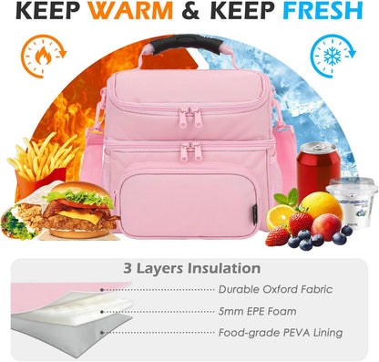 Double Layer Cooler Insulated Lunch Bag Adult Lunch Box Large Tote Bag for Men, Women, With Adjustable Strap,Front Pocket and Dual Large Mesh Side Pockets