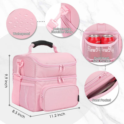 Double Layer Cooler Insulated Lunch Bag Adult Lunch Box Large Tote Bag for Men, Women, With Adjustable Strap,Front Pocket and Dual Large Mesh Side Pockets