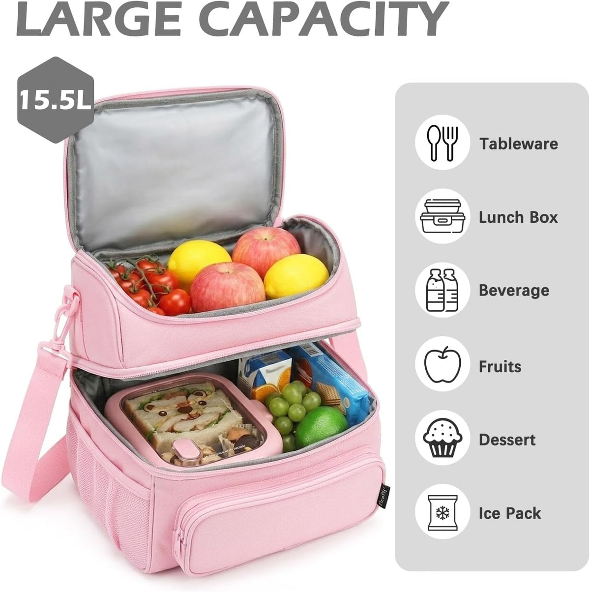 Double Layer Cooler Insulated Lunch Bag Adult Lunch Box Large Tote Bag for Men, Women, With Adjustable Strap,Front Pocket and Dual Large Mesh Side Pockets