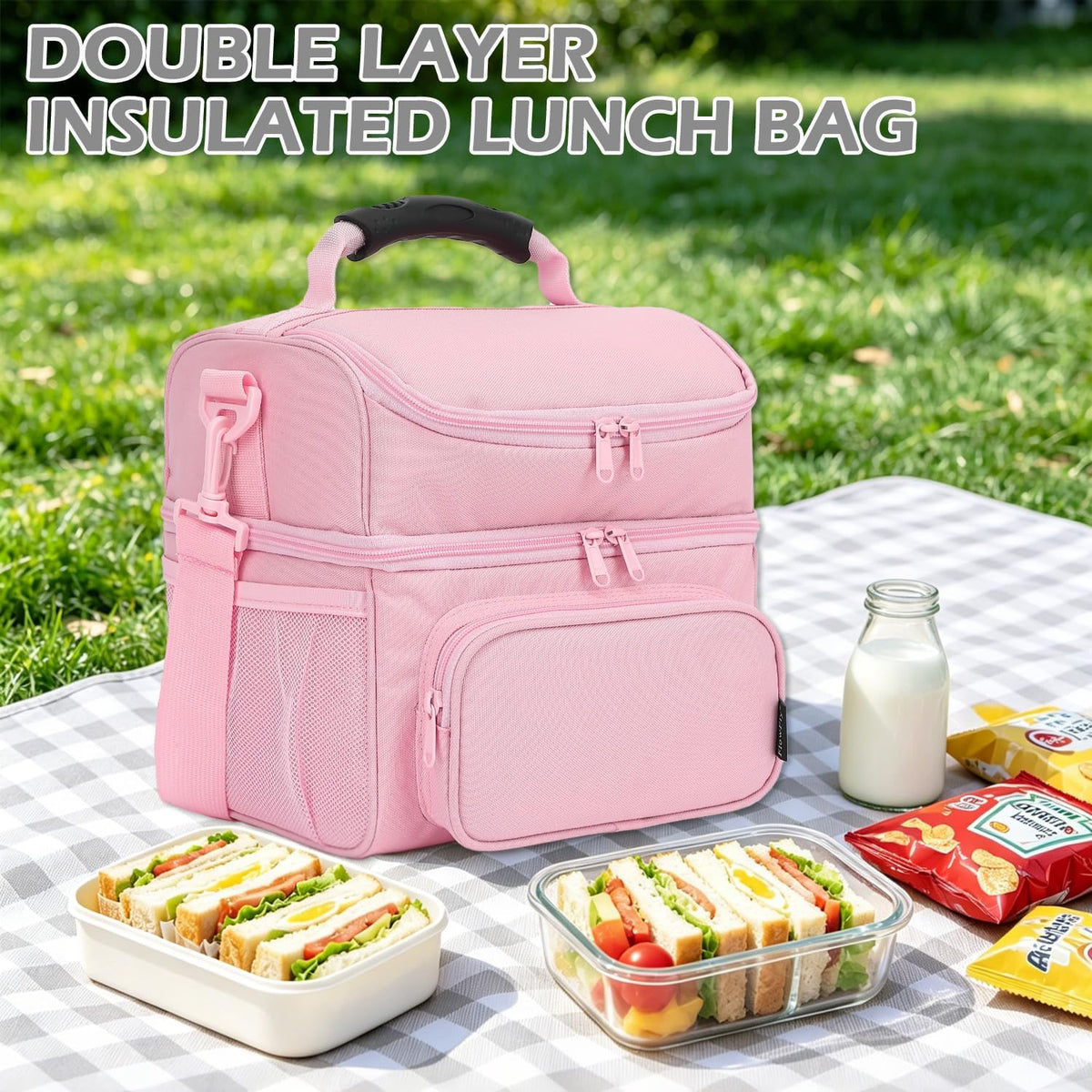 Double Layer Cooler Insulated Lunch Bag Adult Lunch Box Large Tote Bag for Men, Women, With Adjustable Strap,Front Pocket and Dual Large Mesh Side Pockets