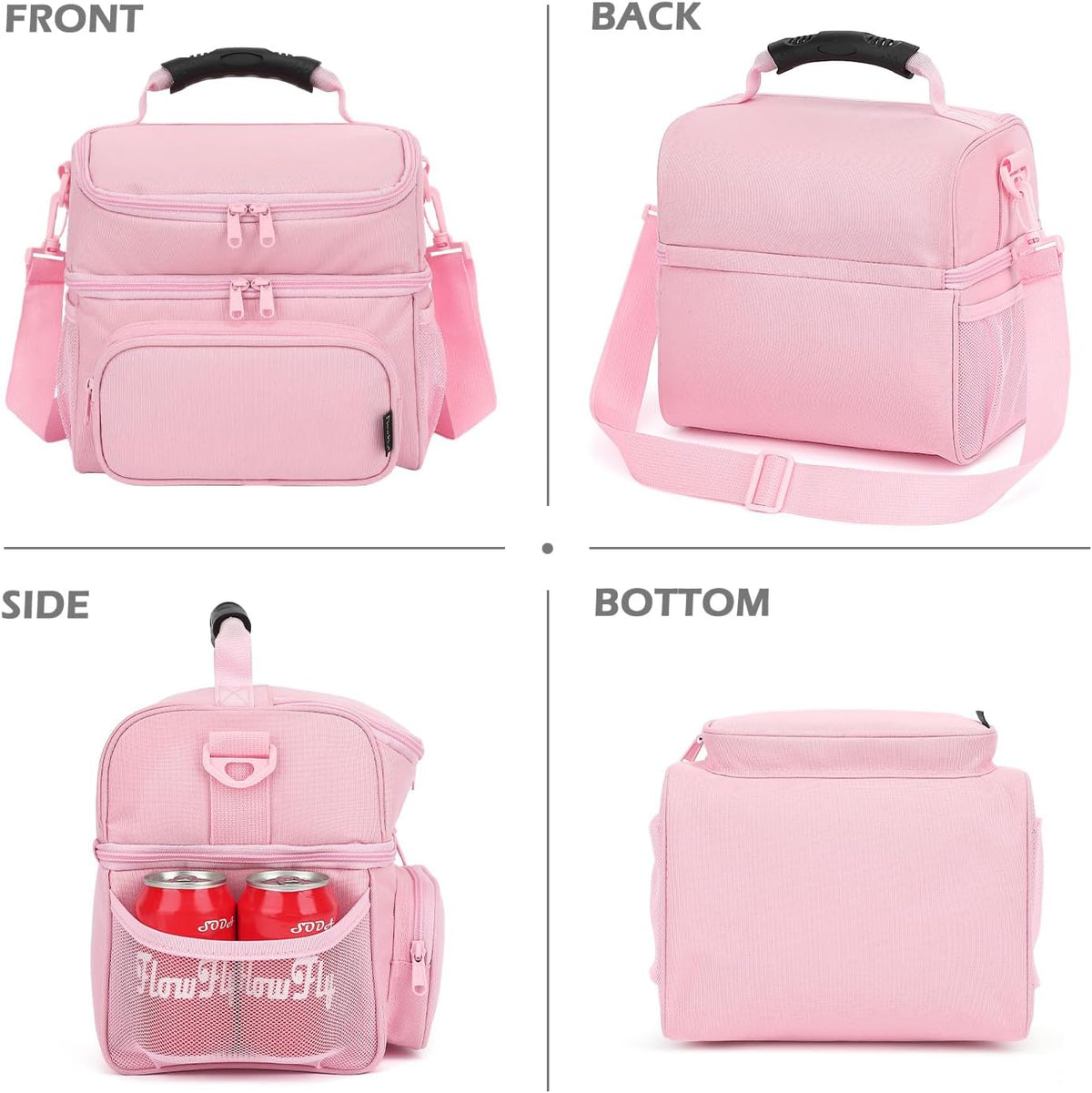 Double Layer Cooler Insulated Lunch Bag Adult Lunch Box Large Tote Bag for Men, Women, With Adjustable Strap,Front Pocket and Dual Large Mesh Side Pockets