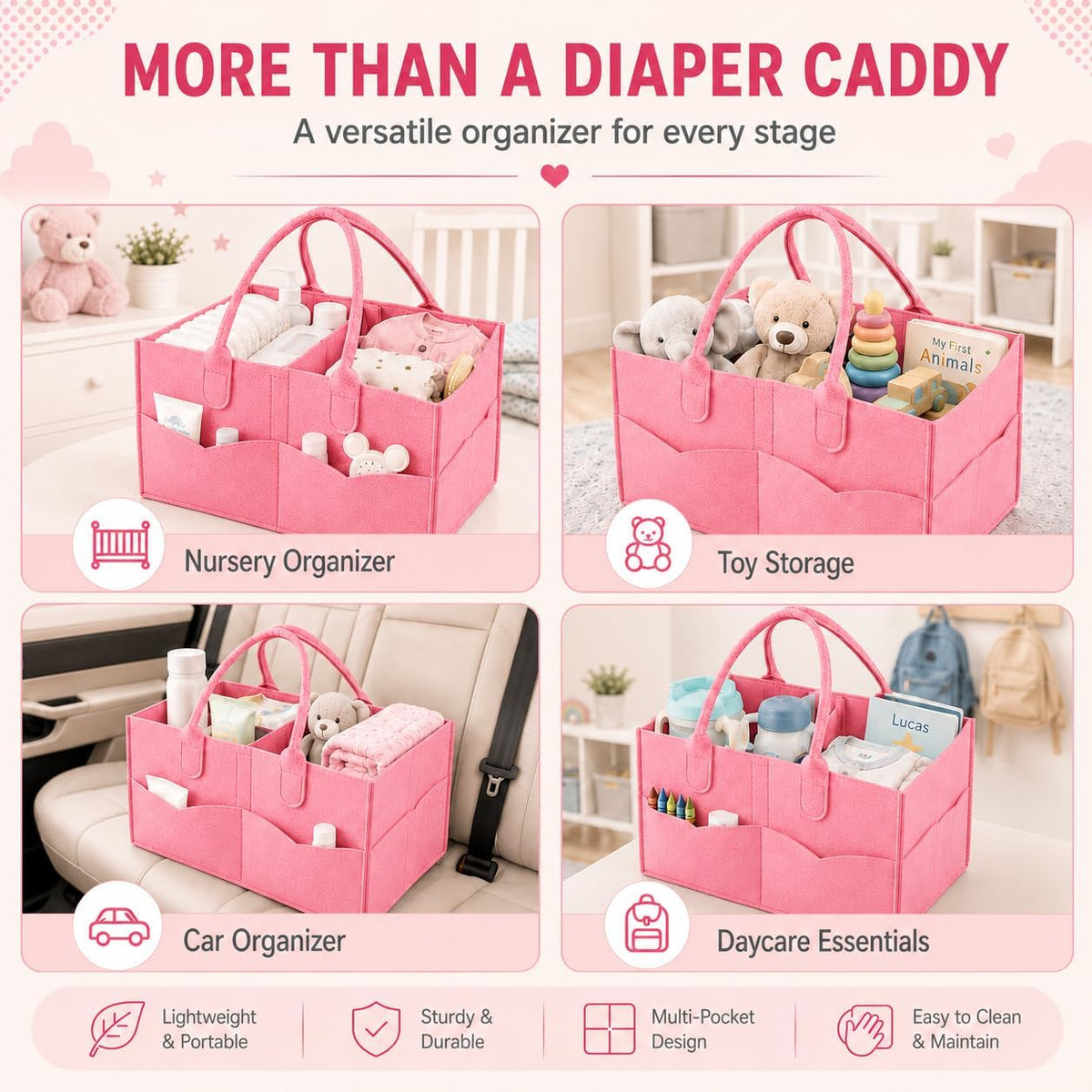Baby Diaper Caddy Organizer, Portable Diaper Holder Organizer Nursery Storage Basket for Wipes & baby stuff, Collapsible Baby Organizer with Divided Design (Light Pink)