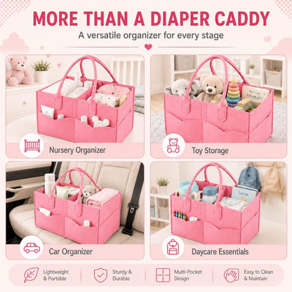 Baby Diaper Caddy Organizer, Portable Diaper Holder Organizer Nursery Storage Basket for Wipes & baby stuff, Collapsible Baby Organizer with Divided Design (Light Pink)