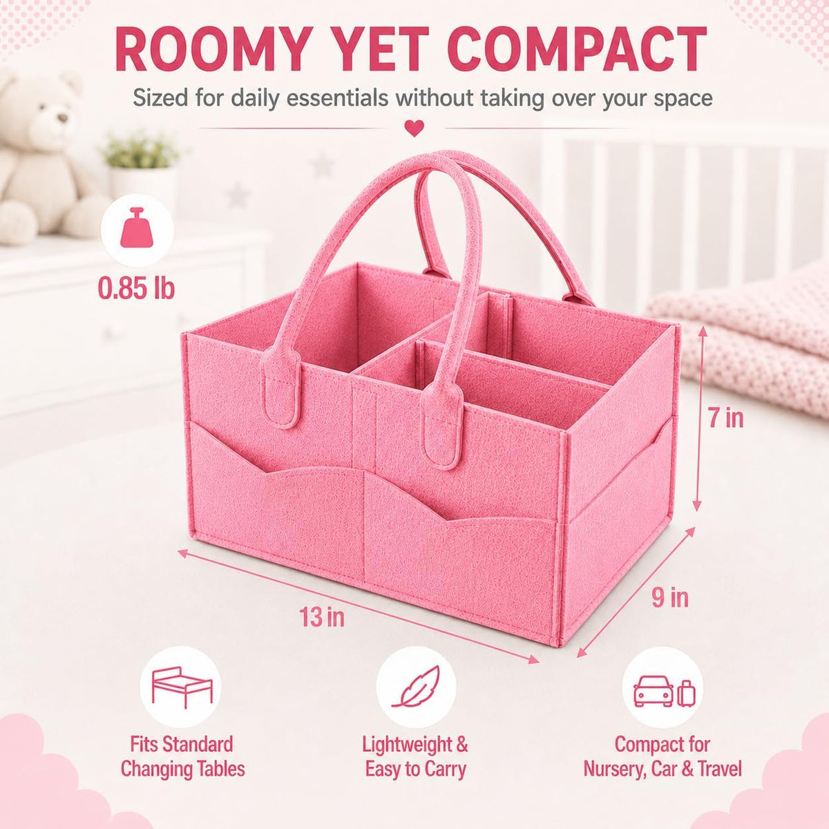 Baby Diaper Caddy Organizer, Portable Diaper Holder Organizer Nursery Storage Basket for Wipes & baby stuff, Collapsible Baby Organizer with Divided Design (Light Pink)