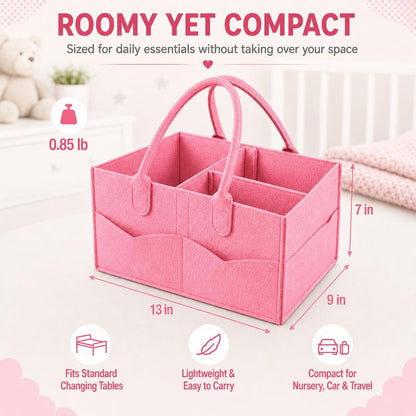Baby Diaper Caddy Organizer, Portable Diaper Holder Organizer Nursery Storage Basket for Wipes & baby stuff, Collapsible Baby Organizer with Divided Design (Light Pink)