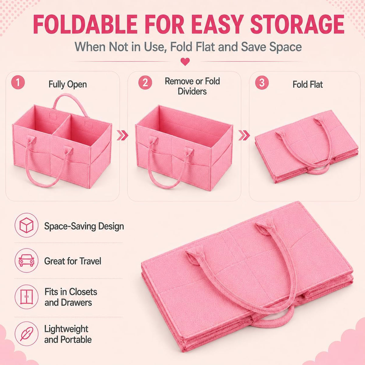 Baby Diaper Caddy Organizer, Portable Diaper Holder Organizer Nursery Storage Basket for Wipes & baby stuff, Collapsible Baby Organizer with Divided Design (Light Pink)