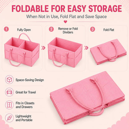 Baby Diaper Caddy Organizer, Portable Diaper Holder Organizer Nursery Storage Basket for Wipes & baby stuff, Collapsible Baby Organizer with Divided Design (Light Pink)