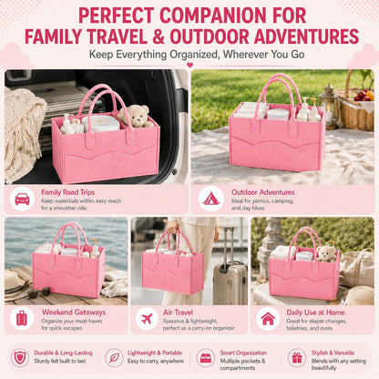 Baby Diaper Caddy Organizer, Portable Diaper Holder Organizer Nursery Storage Basket for Wipes & baby stuff, Collapsible Baby Organizer with Divided Design (Light Pink)