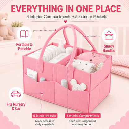 Baby Diaper Caddy Organizer, Portable Diaper Holder Organizer Nursery Storage Basket for Wipes & baby stuff, Collapsible Baby Organizer with Divided Design (Light Pink)