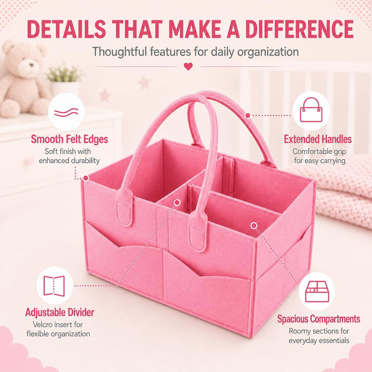 Baby Diaper Caddy Organizer, Portable Diaper Holder Organizer Nursery Storage Basket for Wipes & baby stuff, Collapsible Baby Organizer with Divided Design (Light Pink)