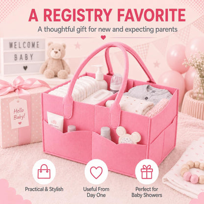 Baby Diaper Caddy Organizer, Portable Diaper Holder Organizer Nursery Storage Basket for Wipes & baby stuff, Collapsible Baby Organizer with Divided Design (Light Pink)