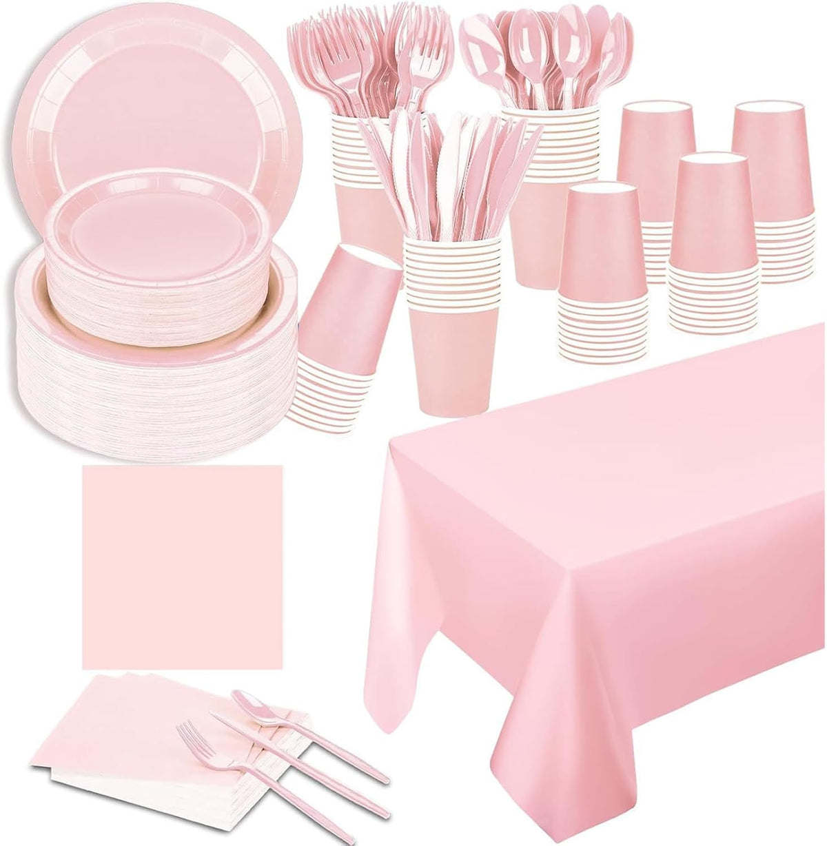 Elegant Solid Light Pink Party Supplies Set - Complete 141 PCS Disposable Tableware Kit with Plates, Cups, Cutlery, Napkins & Tablecloth for 20 Guests - Birthday,Wedding,Bridal & Holiday Event