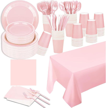 Elegant Solid Light Pink Party Supplies Set - Complete 141 PCS Disposable Tableware Kit with Plates, Cups, Cutlery, Napkins & Tablecloth for 20 Guests - Birthday,Wedding,Bridal & Holiday Event