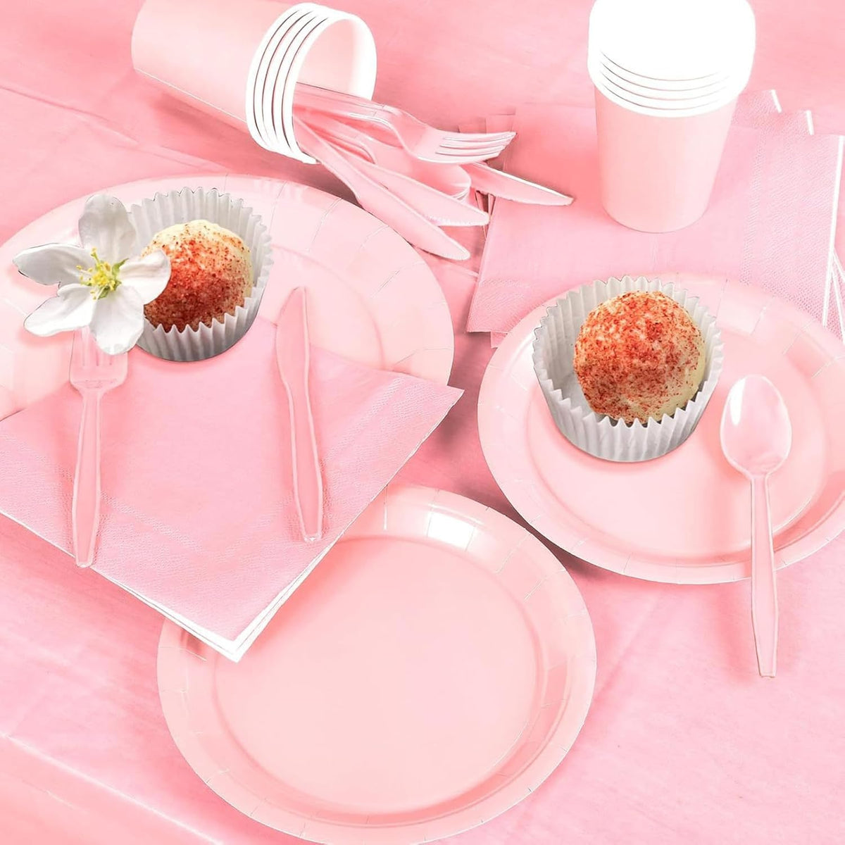 Elegant Solid Light Pink Party Supplies Set - Complete 141 PCS Disposable Tableware Kit with Plates, Cups, Cutlery, Napkins & Tablecloth for 20 Guests - Birthday,Wedding,Bridal & Holiday Event