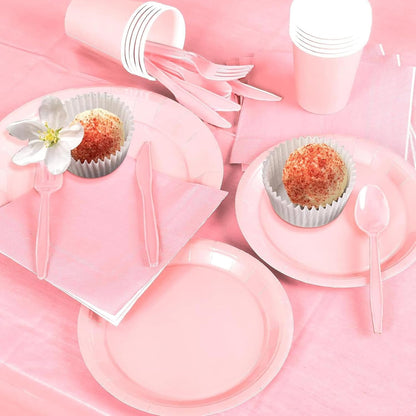 Elegant Solid Light Pink Party Supplies Set - Complete 141 PCS Disposable Tableware Kit with Plates, Cups, Cutlery, Napkins & Tablecloth for 20 Guests - Birthday,Wedding,Bridal & Holiday Event