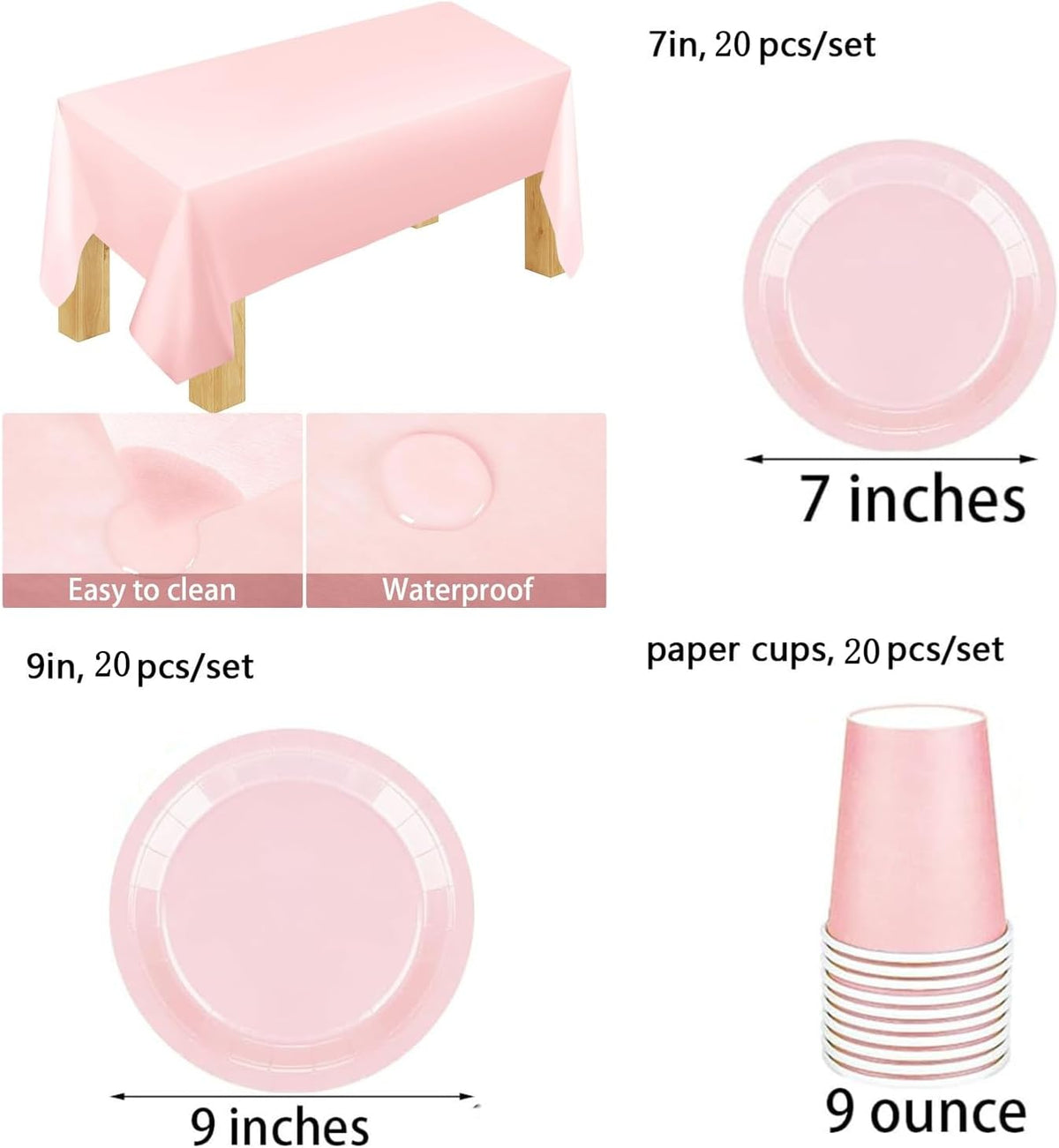 Elegant Solid Light Pink Party Supplies Set - Complete 141 PCS Disposable Tableware Kit with Plates, Cups, Cutlery, Napkins & Tablecloth for 20 Guests - Birthday,Wedding,Bridal & Holiday Event