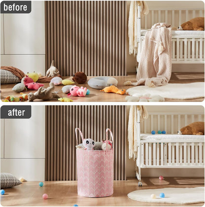 Baby Laundry Basket Nursery Hamper with Long Handles, Pink Geometry