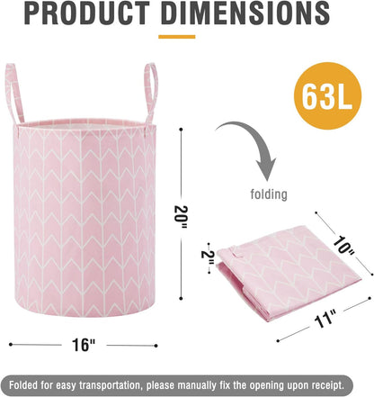 Baby Laundry Basket Nursery Hamper with Long Handles, Pink Geometry