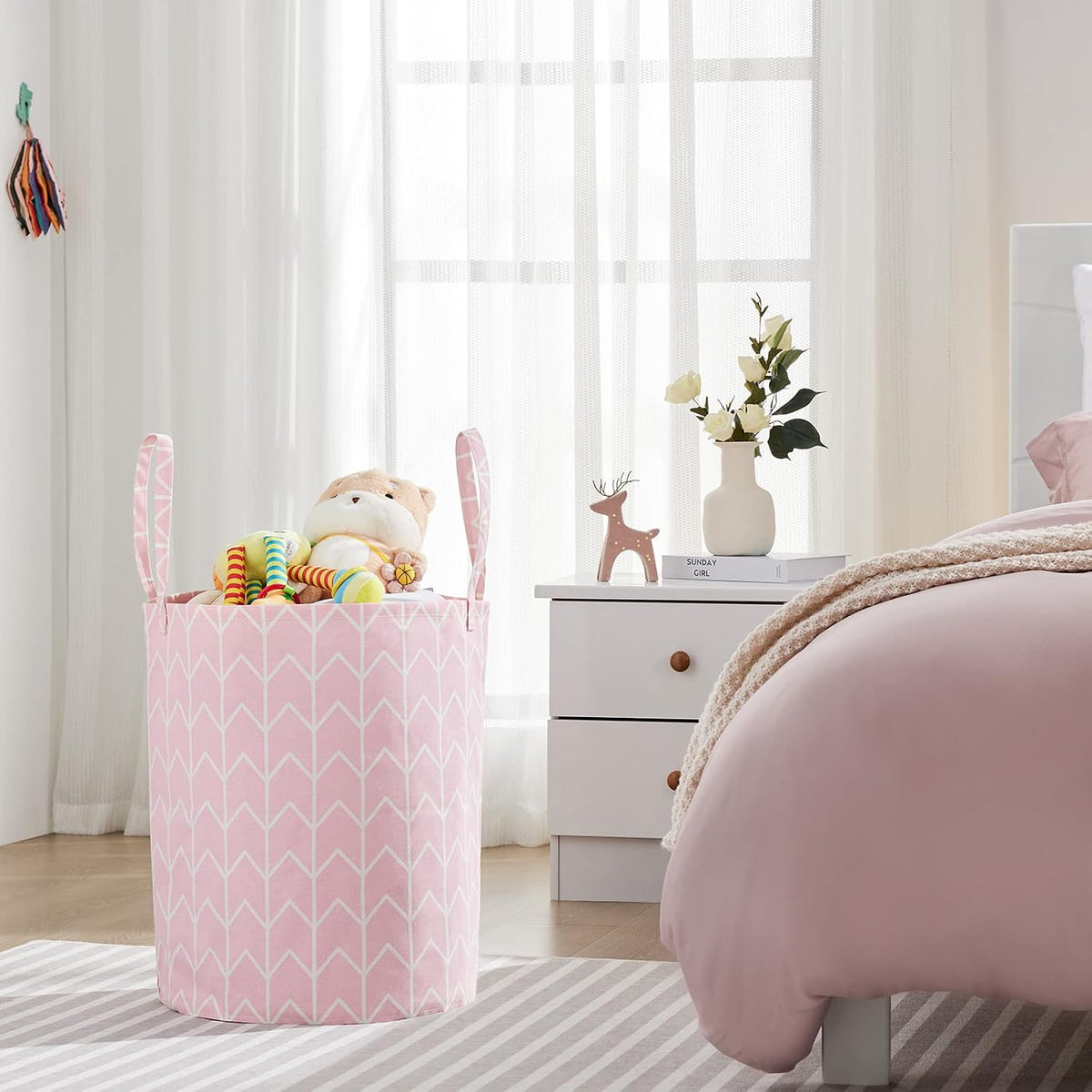 Baby Laundry Basket Nursery Hamper with Long Handles, Pink Geometry