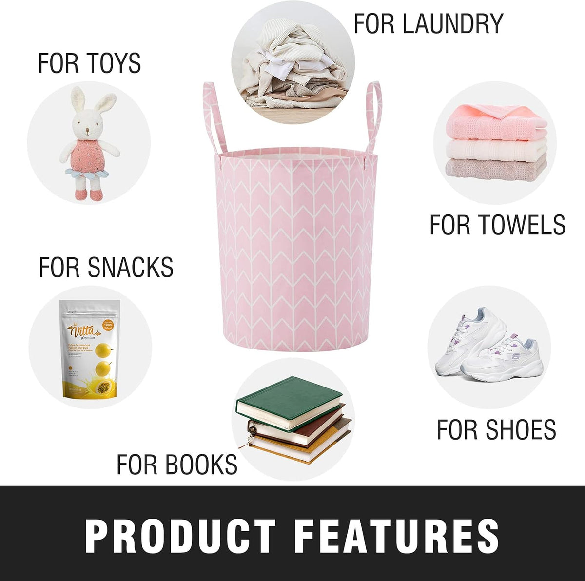Baby Laundry Basket Nursery Hamper with Long Handles, Pink Geometry