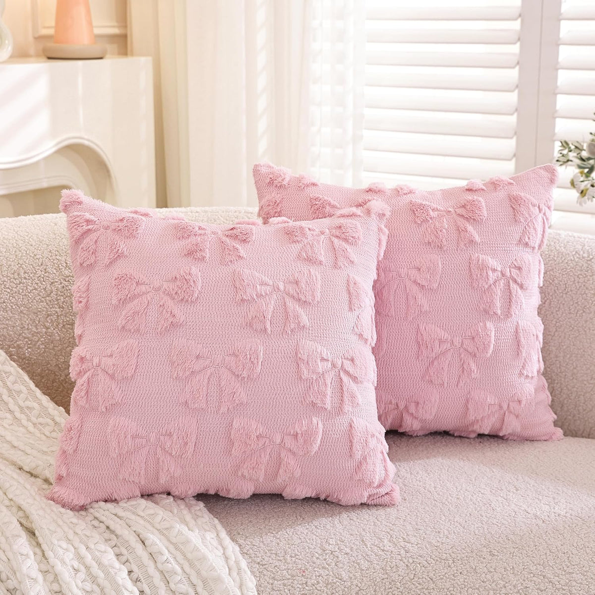 Pack of 2,Valentines Day Decoration Pink Cute Bow Soft Plush Faux Fur Jacquard Throw Pillows Soft Couch Pillowcases Cushion Covers for Living Room Girl Bed Sofa Home Decor 18x18 inch