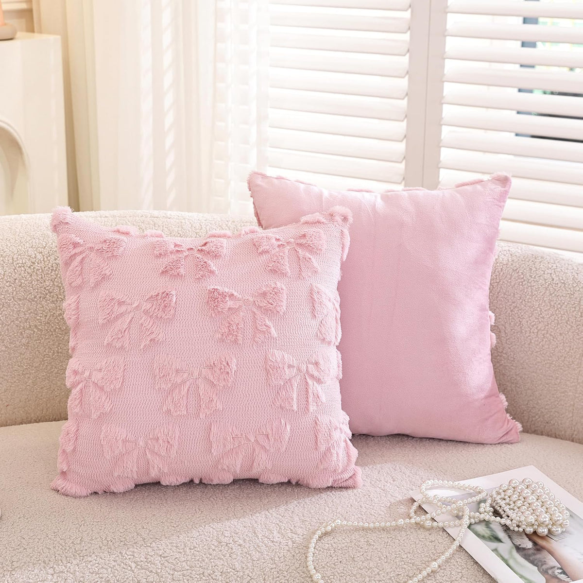 Pack of 2,Valentines Day Decoration Pink Cute Bow Soft Plush Faux Fur Jacquard Throw Pillows Soft Couch Pillowcases Cushion Covers for Living Room Girl Bed Sofa Home Decor 18x18 inch
