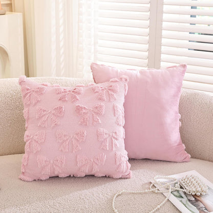 Pack of 2,Valentines Day Decoration Pink Cute Bow Soft Plush Faux Fur Jacquard Throw Pillows Soft Couch Pillowcases Cushion Covers for Living Room Girl Bed Sofa Home Decor 18x18 inch