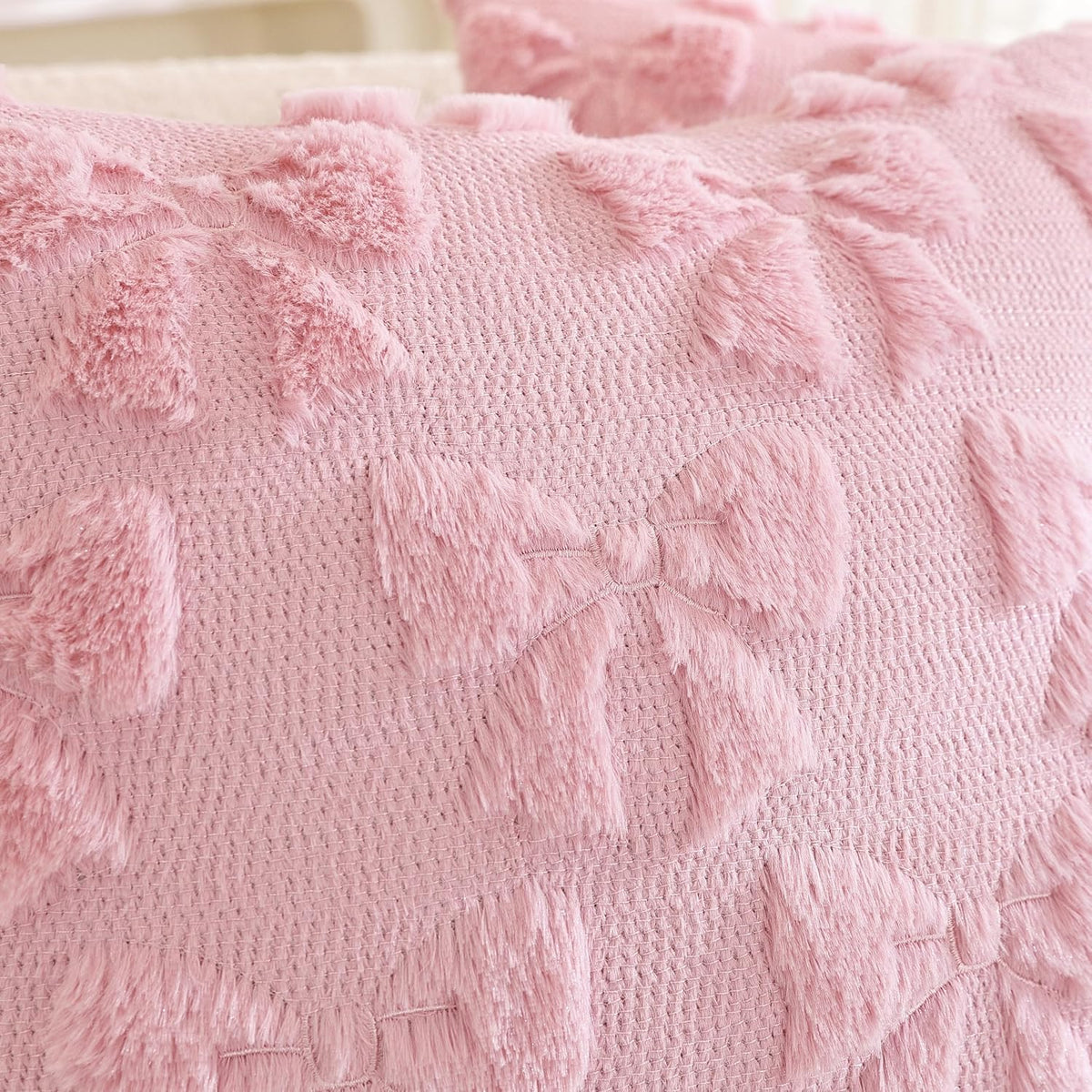 Pack of 2,Valentines Day Decoration Pink Cute Bow Soft Plush Faux Fur Jacquard Throw Pillows Soft Couch Pillowcases Cushion Covers for Living Room Girl Bed Sofa Home Decor 18x18 inch