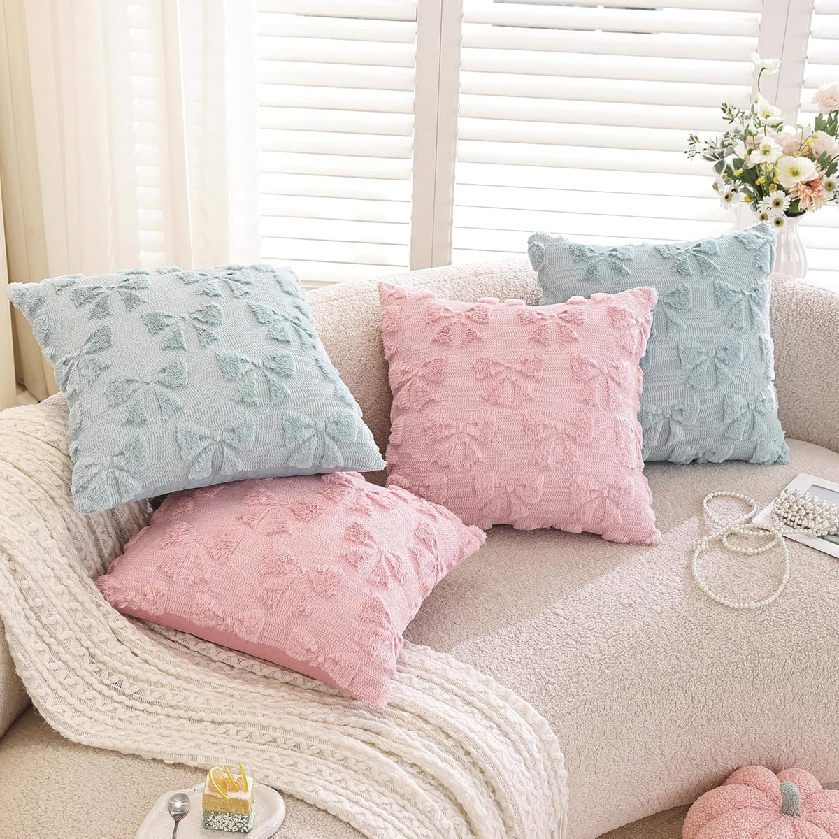 Pack of 2,Valentines Day Decoration Pink Cute Bow Soft Plush Faux Fur Jacquard Throw Pillows Soft Couch Pillowcases Cushion Covers for Living Room Girl Bed Sofa Home Decor 18x18 inch