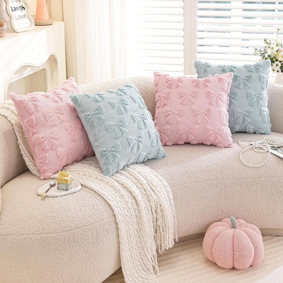 Pack of 2,Valentines Day Decoration Pink Cute Bow Soft Plush Faux Fur Jacquard Throw Pillows Soft Couch Pillowcases Cushion Covers for Living Room Girl Bed Sofa Home Decor 18x18 inch