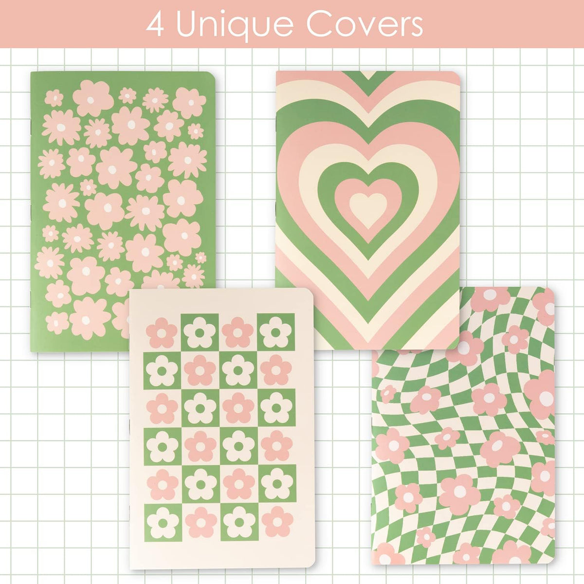 Cute Journal Set, 4 Pack Pastel Notebooks, A5 60 Pages, Green Pink Aesthetic Notebook for Girls, Pretty Stationery, Travel Journal for Women Lined Paper, Soft Cover Journals