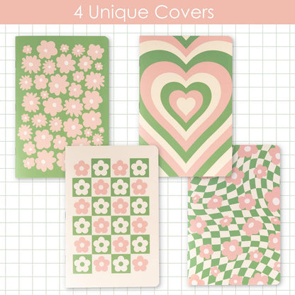 Cute Journal Set, 4 Pack Pastel Notebooks, A5 60 Pages, Green Pink Aesthetic Notebook for Girls, Pretty Stationery, Travel Journal for Women Lined Paper, Soft Cover Journals