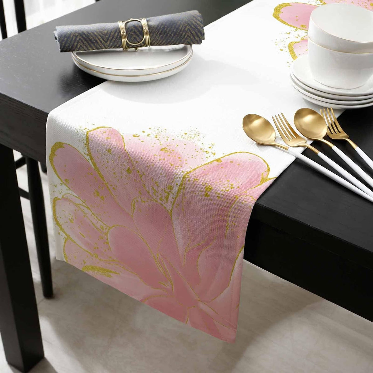 Blush Pink Gold Table Runner-Cotton Linen- 48 Inch Holiday Dresser Scarves, Abstract Contemporary Flower Art Tablerunner for Kitchen Coffee/Dining Bedroom Home Living Room Dinner Scarf Décor 13x48