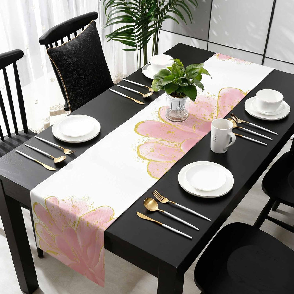 Blush Pink Gold Table Runner-Cotton Linen- 48 Inch Holiday Dresser Scarves, Abstract Contemporary Flower Art Tablerunner for Kitchen Coffee/Dining Bedroom Home Living Room Dinner Scarf Décor 13x48