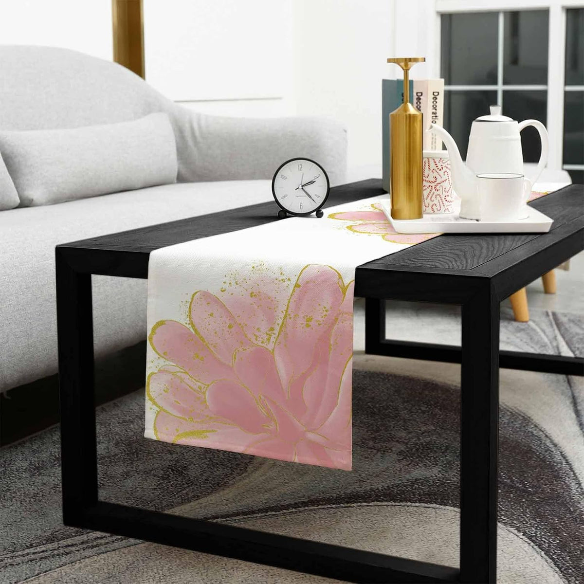 Blush Pink Gold Table Runner-Cotton Linen- 48 Inch Holiday Dresser Scarves, Abstract Contemporary Flower Art Tablerunner for Kitchen Coffee/Dining Bedroom Home Living Room Dinner Scarf Décor 13x48