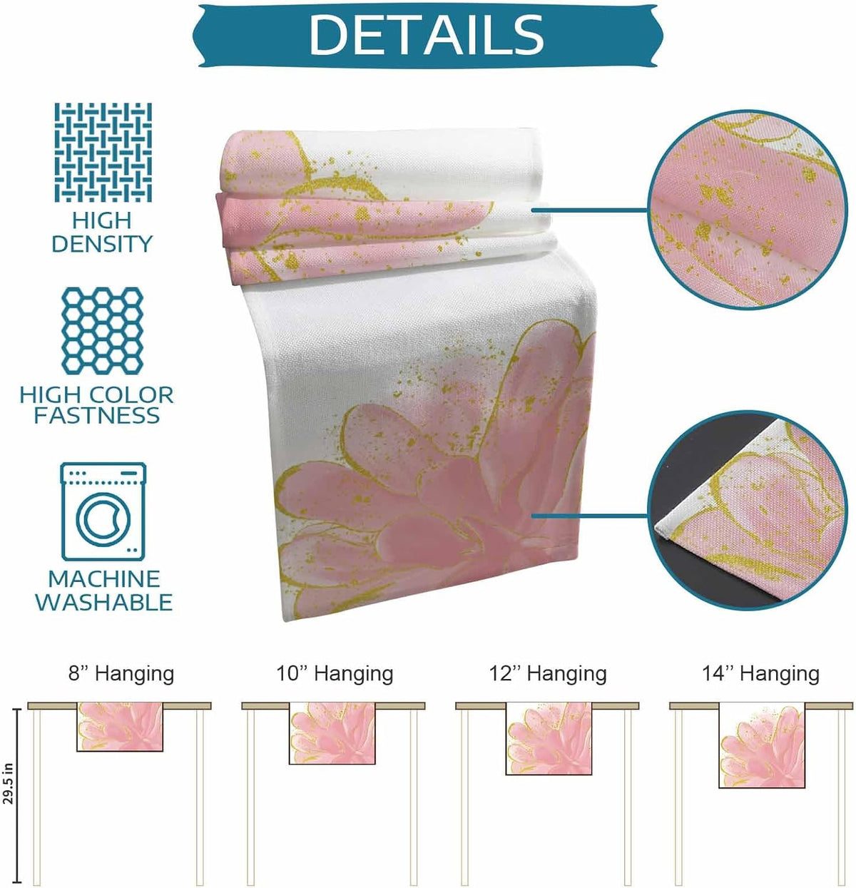 Blush Pink Gold Table Runner-Cotton Linen- 48 Inch Holiday Dresser Scarves, Abstract Contemporary Flower Art Tablerunner for Kitchen Coffee/Dining Bedroom Home Living Room Dinner Scarf Décor 13x48