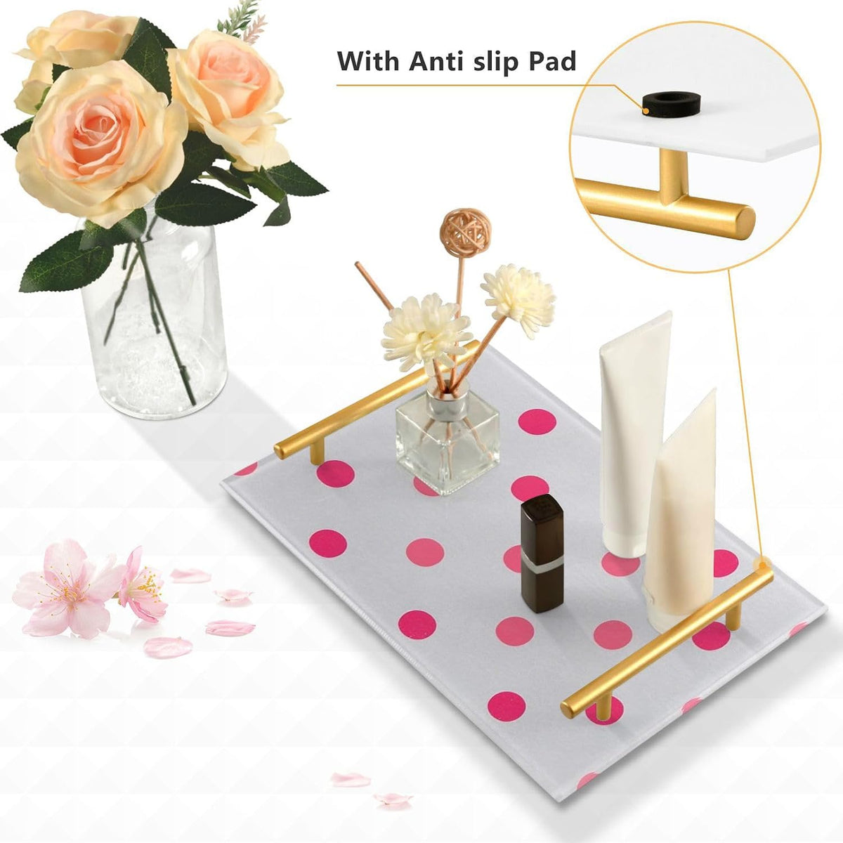Polka Dot Peach Decorative Kitchen Tray with Handles Decorative Serving Tray for Jewelry Perfume for Tea Trays Serving charola para comida