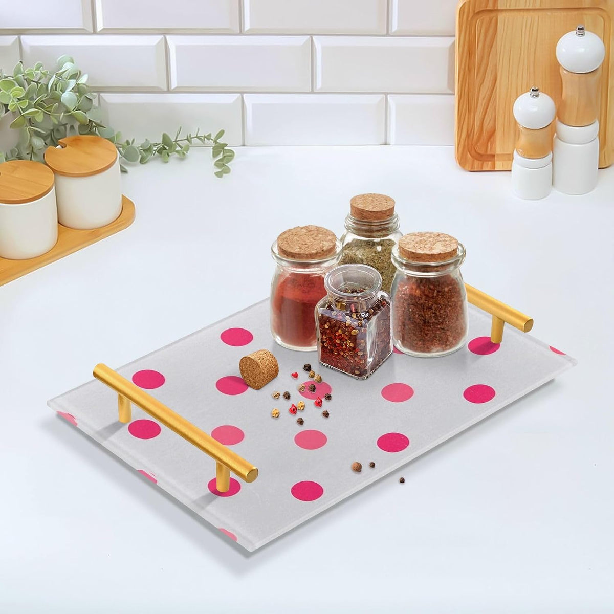 Polka Dot Peach Decorative Kitchen Tray with Handles Decorative Serving Tray for Jewelry Perfume for Tea Trays Serving charola para comida