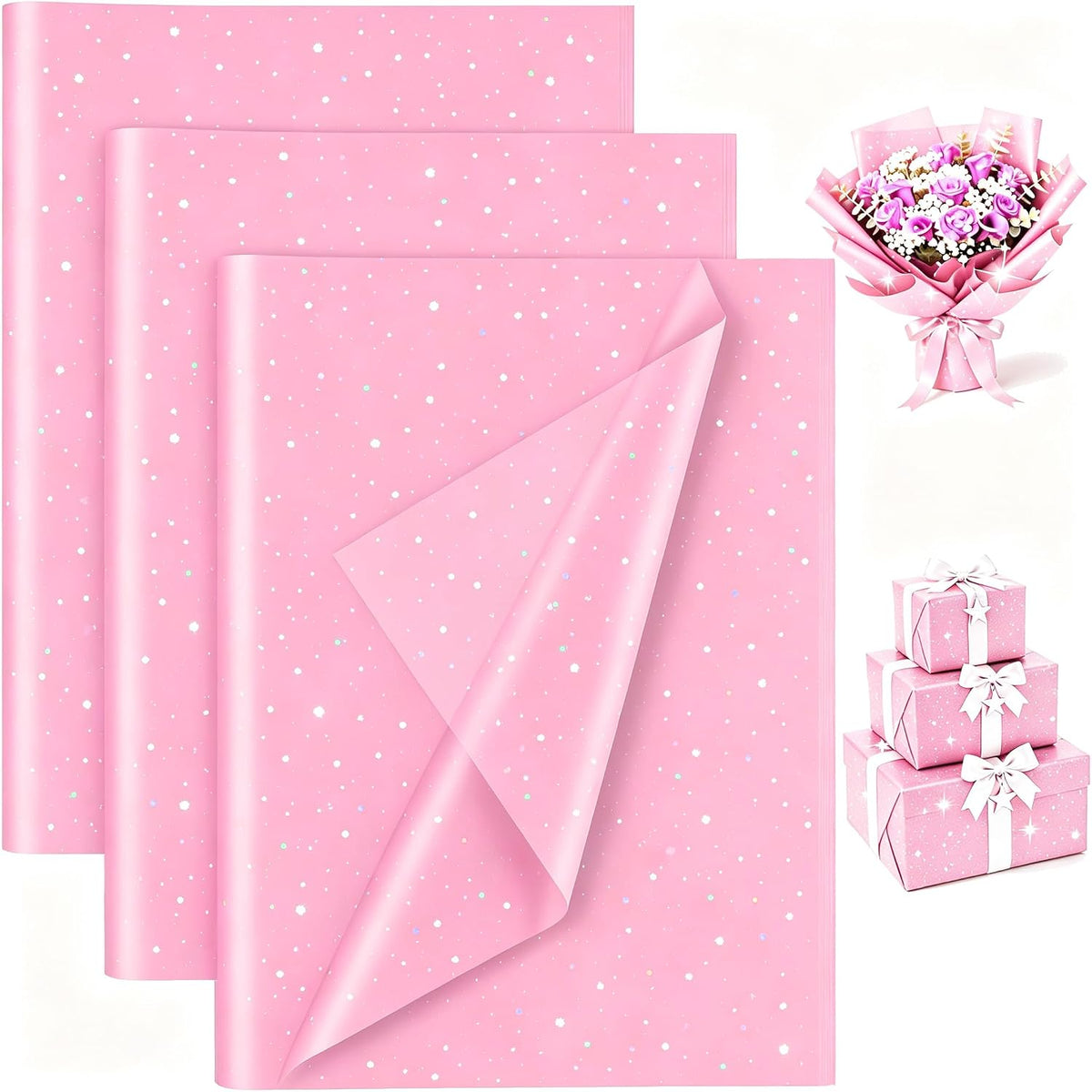 Pink Glitter Tissue Paper for Gift Bags 20x20 Inch - 30 Sheets Recyclable Wrapping Tissue Paper Bulk for DIY Crafts Birthday Baby Shower Festival Holidays Decorative