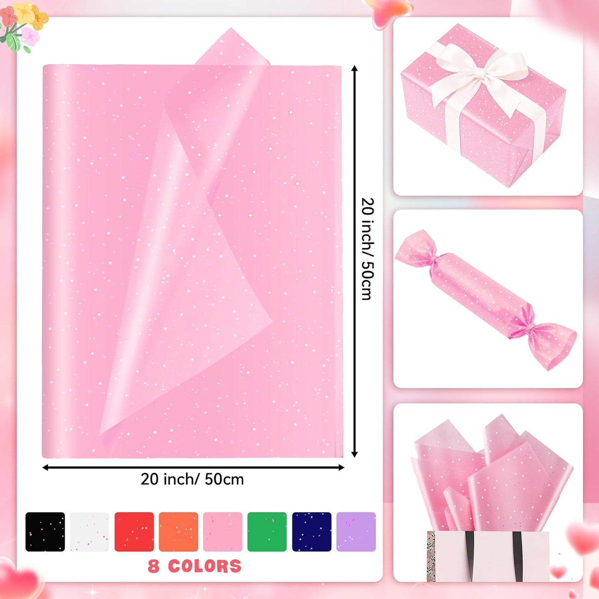 Pink Glitter Tissue Paper for Gift Bags 20x20 Inch - 30 Sheets Recyclable Wrapping Tissue Paper Bulk for DIY Crafts Birthday Baby Shower Festival Holidays Decorative
