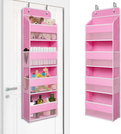 Pink Over Door Organizer with 4 Large Clear Pockets, Hanging Door Storage for Nursery, Bedroom, Bathroom, Closet, Toys, Diapers, Cosmetics, Baby Essentials