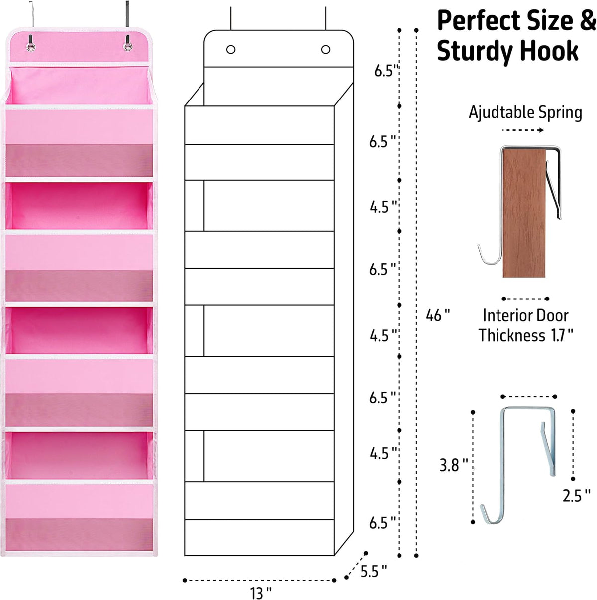 Pink Over Door Organizer with 4 Large Clear Pockets, Hanging Door Storage for Nursery, Bedroom, Bathroom, Closet, Toys, Diapers, Cosmetics, Baby Essentials