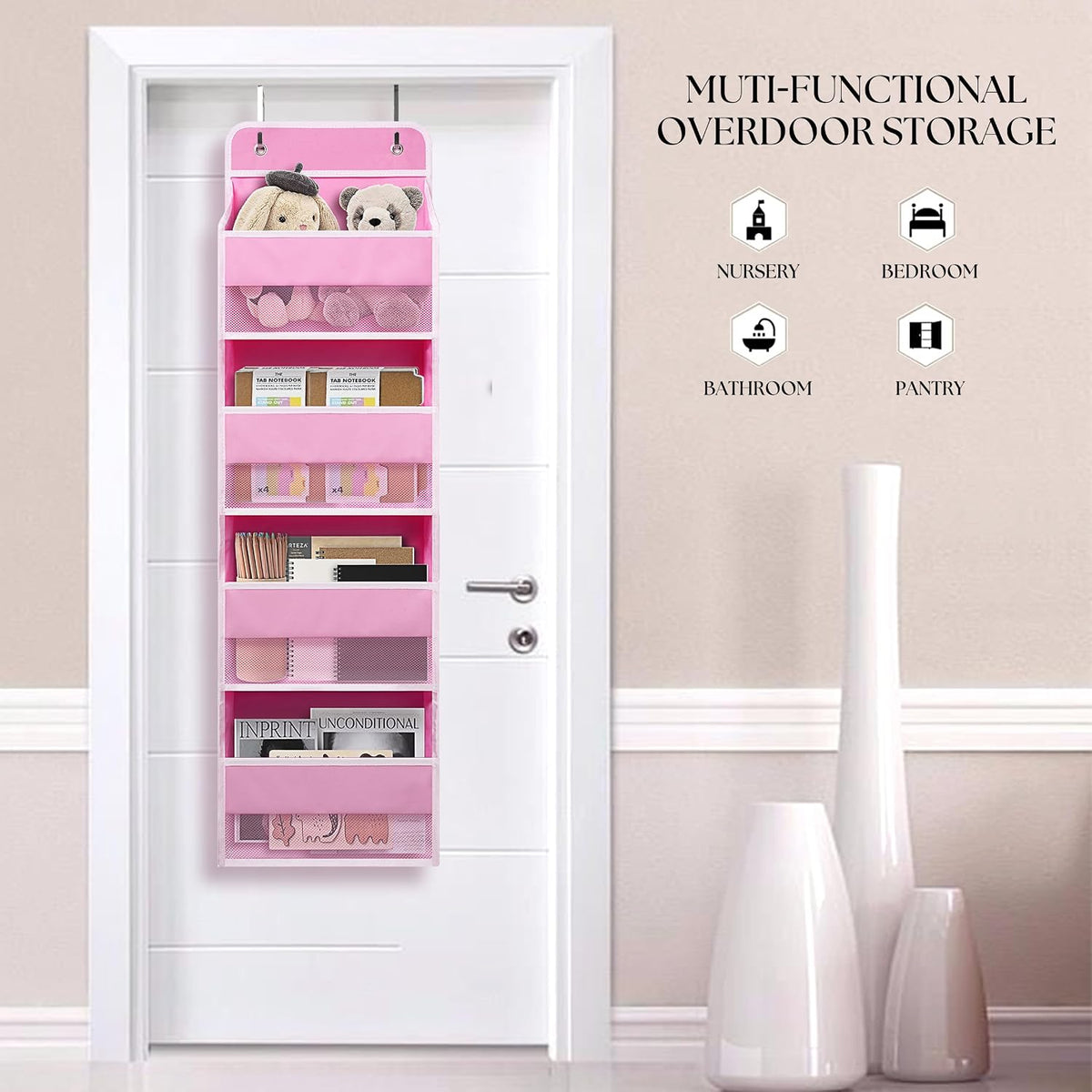Pink Over Door Organizer with 4 Large Clear Pockets, Hanging Door Storage for Nursery, Bedroom, Bathroom, Closet, Toys, Diapers, Cosmetics, Baby Essentials